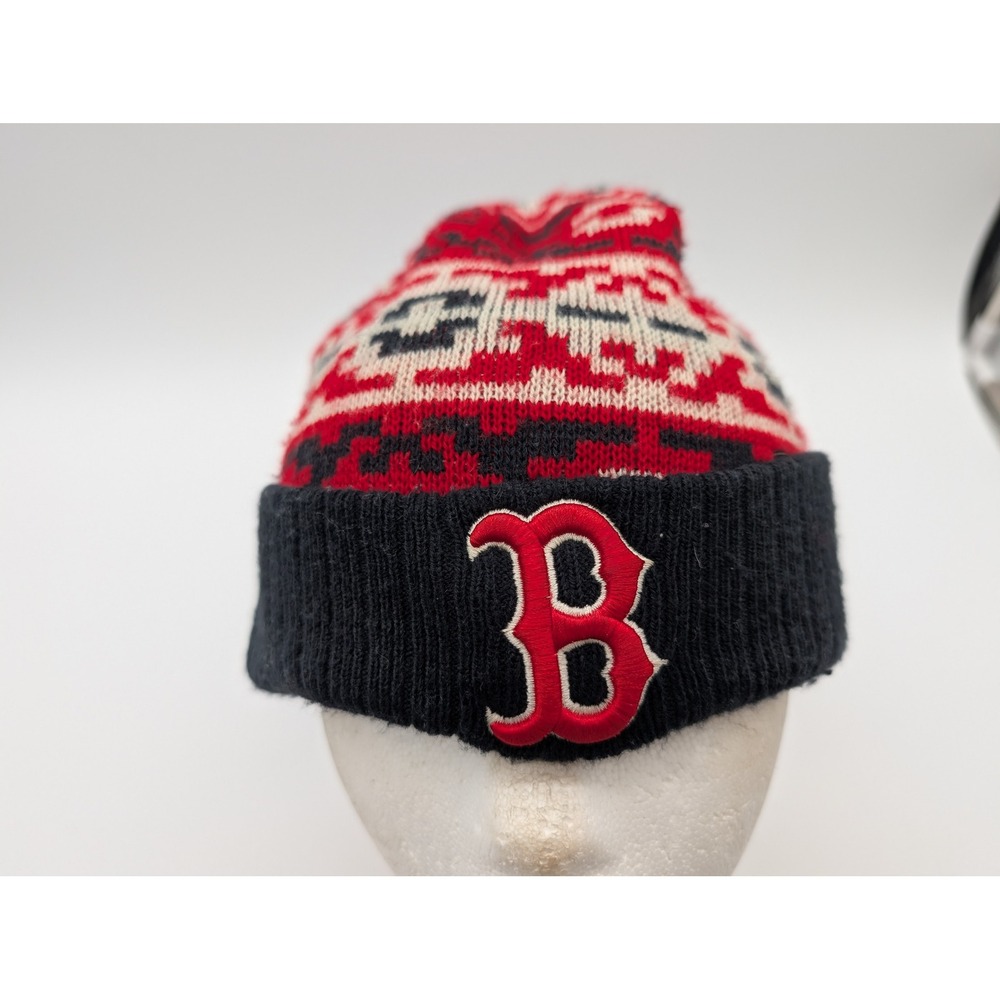 New Era Boston Red Sox Beanie Hat Red Black White Fair Isle Knit Cuffed MLB